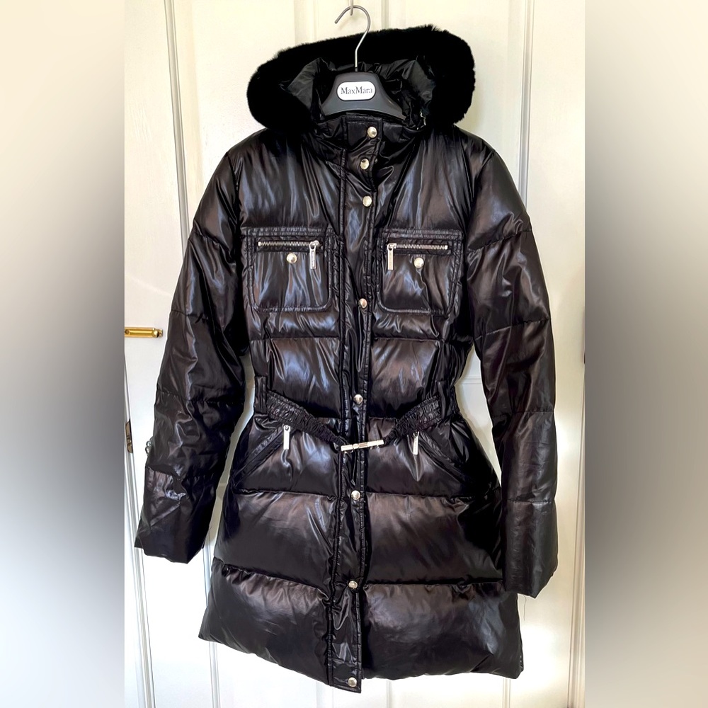 Michael Kors black belted down coat. Rabbit fur trimmed, removable hood. Sz S